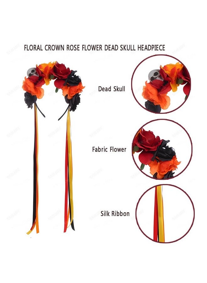 HANSAMU Floral Day of the Dead Headband Mexican Skull Rose Flower Crown Headpiece for Women Girls Halloween Costume (Orange Black Red) - Image 2