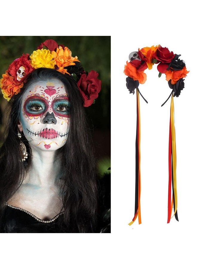 HANSAMU Floral Day of the Dead Headband Mexican Skull Rose Flower Crown Headpiece for Women Girls Halloween Costume (Orange Black Red) - Image 4
