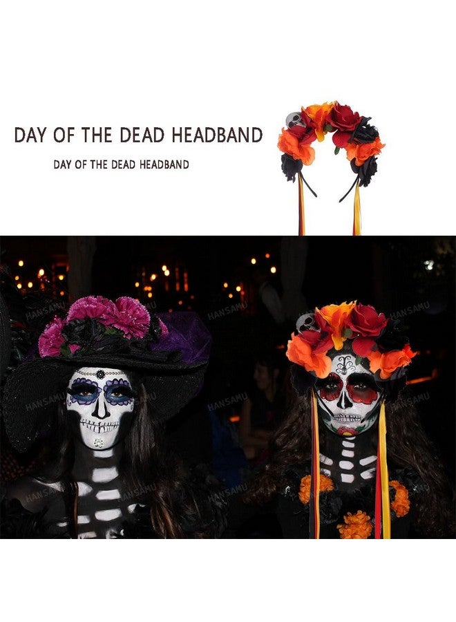 HANSAMU Floral Day of the Dead Headband Mexican Skull Rose Flower Crown Headpiece for Women Girls Halloween Costume (Orange Black Red) - Image 3