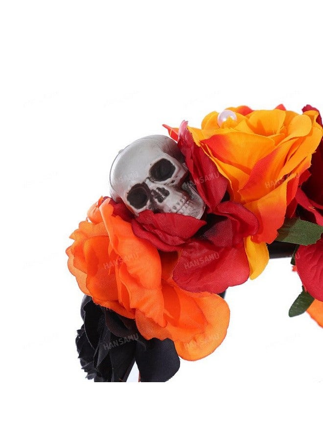 HANSAMU Floral Day of the Dead Headband Mexican Skull Rose Flower Crown Headpiece for Women Girls Halloween Costume (Orange Black Red) - Image 5