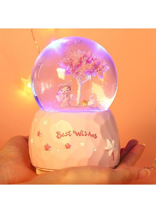 NANAO Luminous Princess Sakura Snow Globes,Cartoon Snowflake Crystal Ball with Color Changing LED Lights Fashion Kids Girls Bedroom Decoration Nightlight Cute Girl Sakura Tree Snow Music Box-A - Image 5