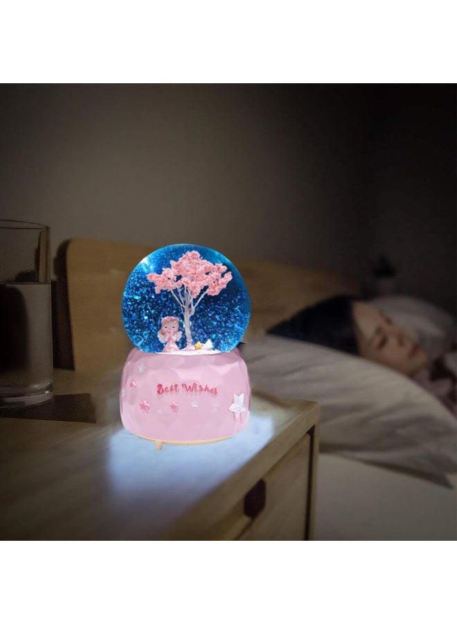 NANAO Luminous Princess Sakura Snow Globes,Cartoon Snowflake Crystal Ball with Color Changing LED Lights Fashion Kids Girls Bedroom Decoration Nightlight Cute Girl Sakura Tree Snow Music Box-A - Image 2