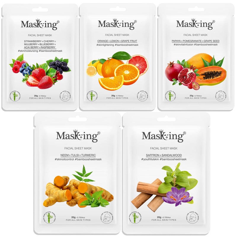 MasKing Bamboo Facial Sheet Mask of Strawberry Orange Papaya Neem Saffron Ideal for Women Men 100ml Combo Pack of 5 - Image 1
