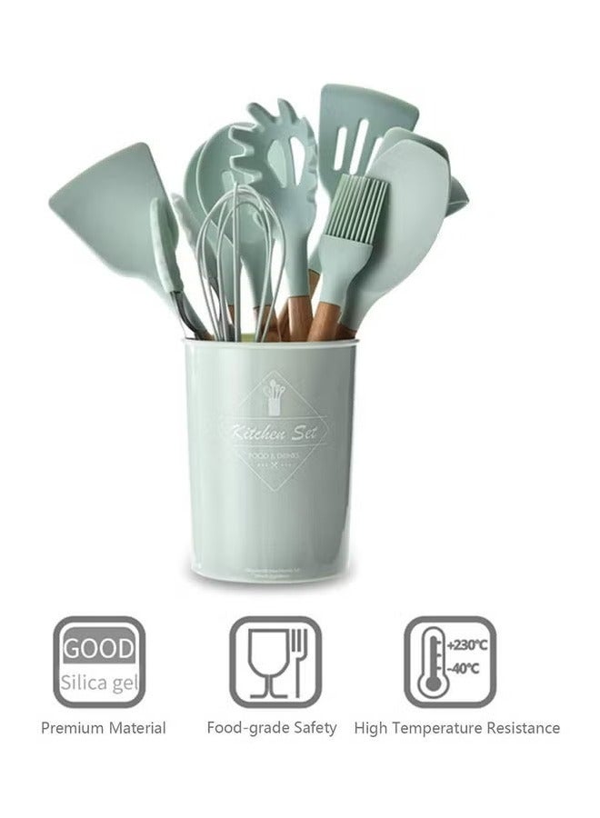 TIGER 11-Piece Wooden Handle Bucket Cookware Spoon Set, Mint Green – Durable Kitchen Utensils for Cooking, Stirring, Serving, Eco-Friendly and Stylish - Image 2