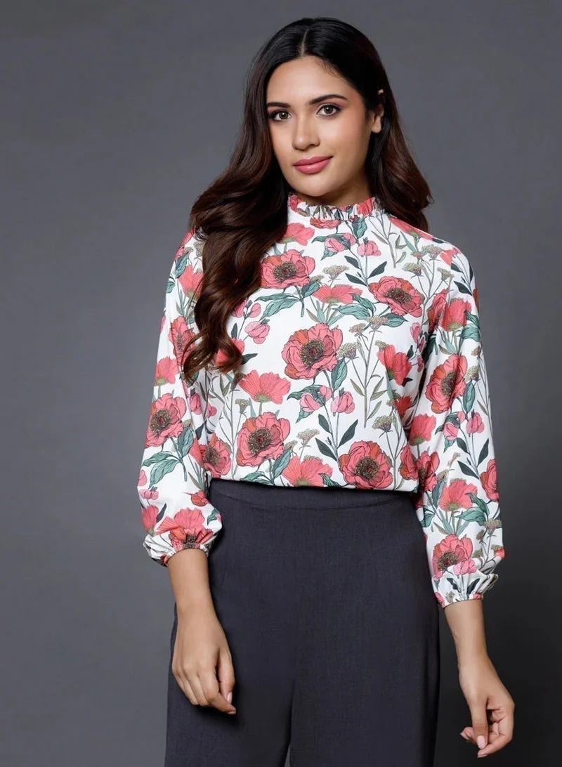 Zigzag Long Sleeve Satin Printed Formal Top