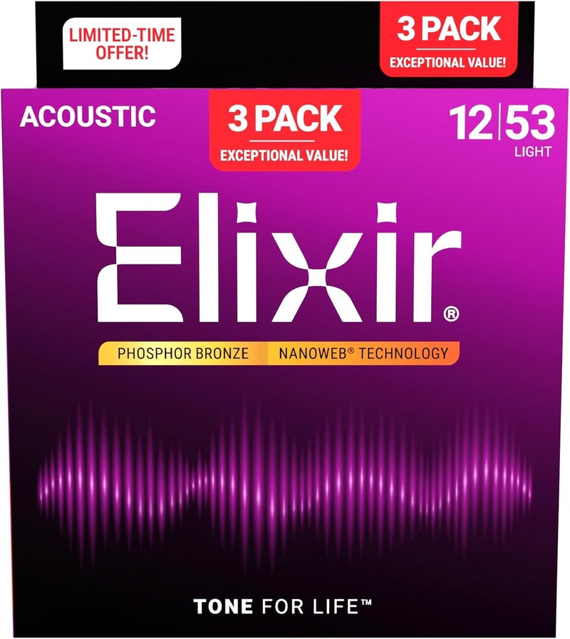 Elixir Acoustic Phosphor Bronze Guitar Strings with NANOWEB Technology - Light 12-53 (3 Pack) - Image 2