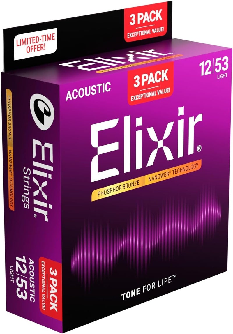 Elixir Acoustic Phosphor Bronze Guitar Strings with NANOWEB Technology - Light 12-53 (3 Pack) - Image 1