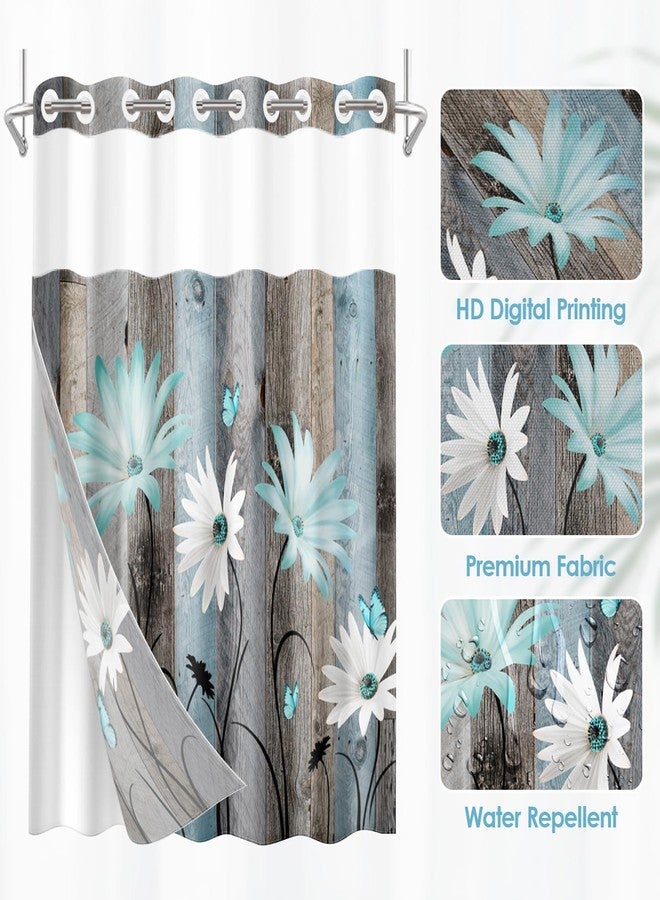 Nesphy No Hook Rustic Farmhouse Shower Curtain with Snap in Fabric Liner Set, Teal Daisy Flowers and Butterfly on Wooden Double Layers Waterproof with See Through Top Bath Curtain 71x74 Inch - Image 4