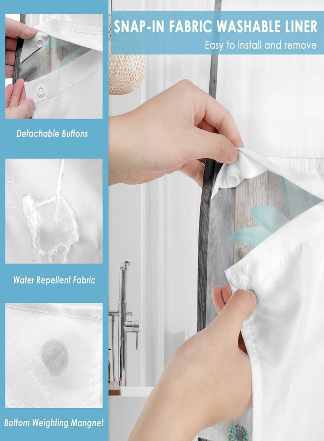Nesphy No Hook Rustic Farmhouse Shower Curtain with Snap in Fabric Liner Set, Teal Daisy Flowers and Butterfly on Wooden Double Layers Waterproof with See Through Top Bath Curtain 71x74 Inch - Image 5