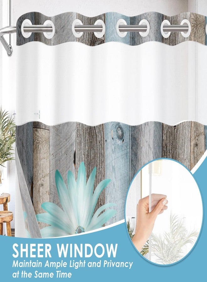 Nesphy No Hook Rustic Farmhouse Shower Curtain with Snap in Fabric Liner Set, Teal Daisy Flowers and Butterfly on Wooden Double Layers Waterproof with See Through Top Bath Curtain 71x74 Inch - Image 3