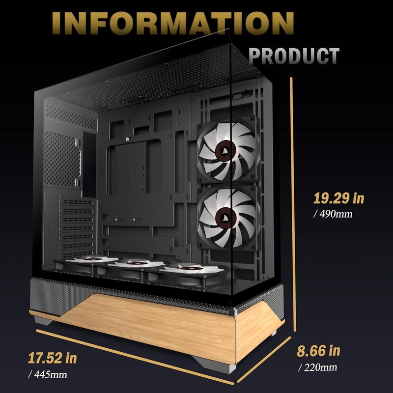 علبة كمبيوتر KEDIERS ATX مع 5 مراوح PWM ARGB مثبتة مسبقًا، منفذ Type-C، برج متوسط مع زجاج مقوى مزدوج الرؤية، ألواح خشب الجوز المطبوعة، تدعم مشعاع 360 مم، علبة كمبيوتر ألعاب، أسود، جديد P6 - Image 4