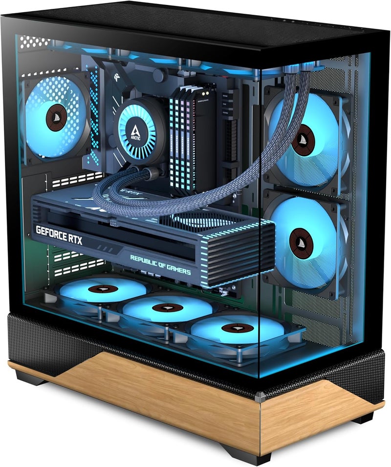 علبة كمبيوتر KEDIERS ATX مع 5 مراوح PWM ARGB مثبتة مسبقًا، منفذ Type-C، برج متوسط مع زجاج مقوى مزدوج الرؤية، ألواح خشب الجوز المطبوعة، تدعم مشعاع 360 مم، علبة كمبيوتر ألعاب، أسود، جديد P6 - Image 1