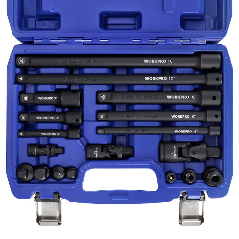 WORKPRO مجموعة أدوات القيادة من WORKPRO 18 قطعة، تشمل محولات الصمامات، قضيب تمديد الصمامات، مفاصل عالمية دوارة وموصل تأثير، 1/4"، 3/8" و 1/2" قيادة - Image 1