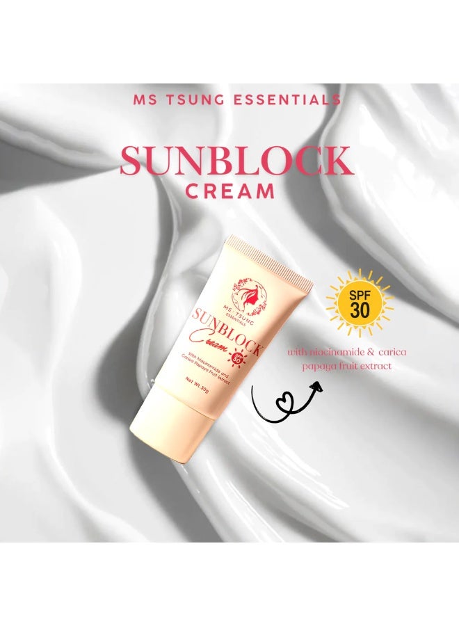 MS Tsung Essentials Luminous Sunblock Cream SPF 30 With Niacinamide And Carica Papaya Fruit Extract, Lightweight Daily Sunscreen For Face And Body, Non-Greasy Formula For UV Protection, Brightening And Moisturizing Care 30g - Image 3