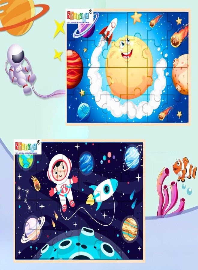 SHANAYA 36 Pieces Wooden Jigsaw Puzzle Kids Cartoon Animal Vehicle Puzzles Games Baby Early Learning Educational Toys for Children 2 Sided Puzzle (Solar System + Space Astronaut) - Image 1