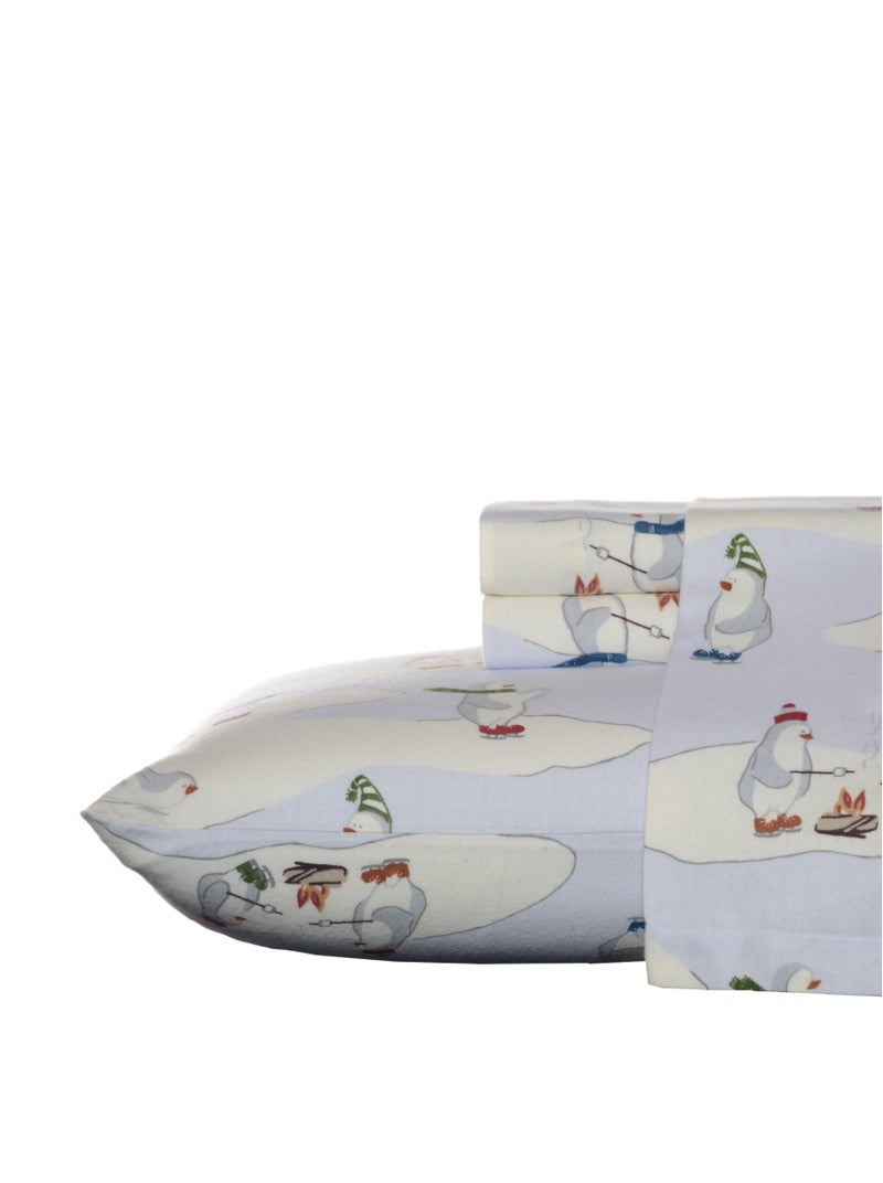 Eddie Bauer  King Sheet Set Warm Breathable Cotton Flannel Bedding with Deep Pockets Brushed for Extra Softness Cozy Home Decor OekoTex Certified Skating Penguin King