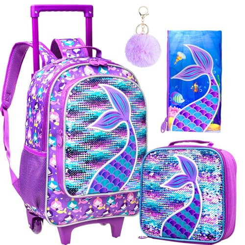gxtvo Rolling Backpack for Girls, Roller Wheels Kids Bookbag - Wheeled Suitcase Elementary Sequin School Bag - 3PCS Mermaid - Image 1