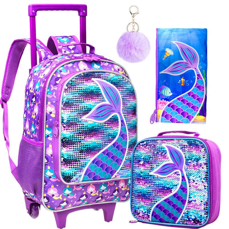 gxtvo Rolling Backpack for Girls, Roller Wheels Kids Bookbag - Wheeled Suitcase Elementary Sequin School Bag - 3PCS Mermaid - Image 2