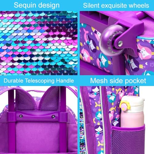 gxtvo Rolling Backpack for Girls, Roller Wheels Kids Bookbag - Wheeled Suitcase Elementary Sequin School Bag - 3PCS Mermaid - Image 5