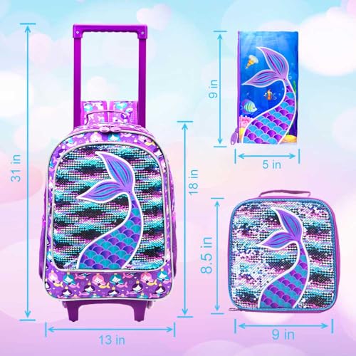 gxtvo Rolling Backpack for Girls, Roller Wheels Kids Bookbag - Wheeled Suitcase Elementary Sequin School Bag - 3PCS Mermaid - Image 4