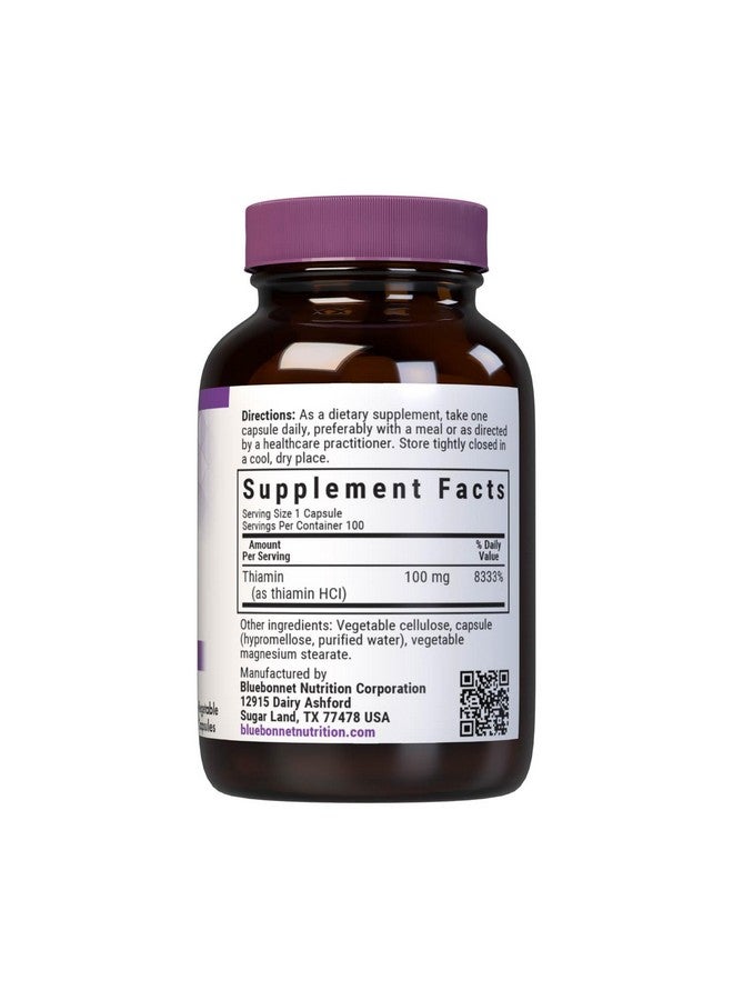 Bluebonnet Vitamin B1 100 mg - Mood Support & Energy Vitamins for Women & Men* - Thiamin HCl - Non-GMO, Vegan, Kosher, Gluten-Free - Soy & Dairy-Free - 100 Vegetable Capsules, 100 Day Supply - Image 2