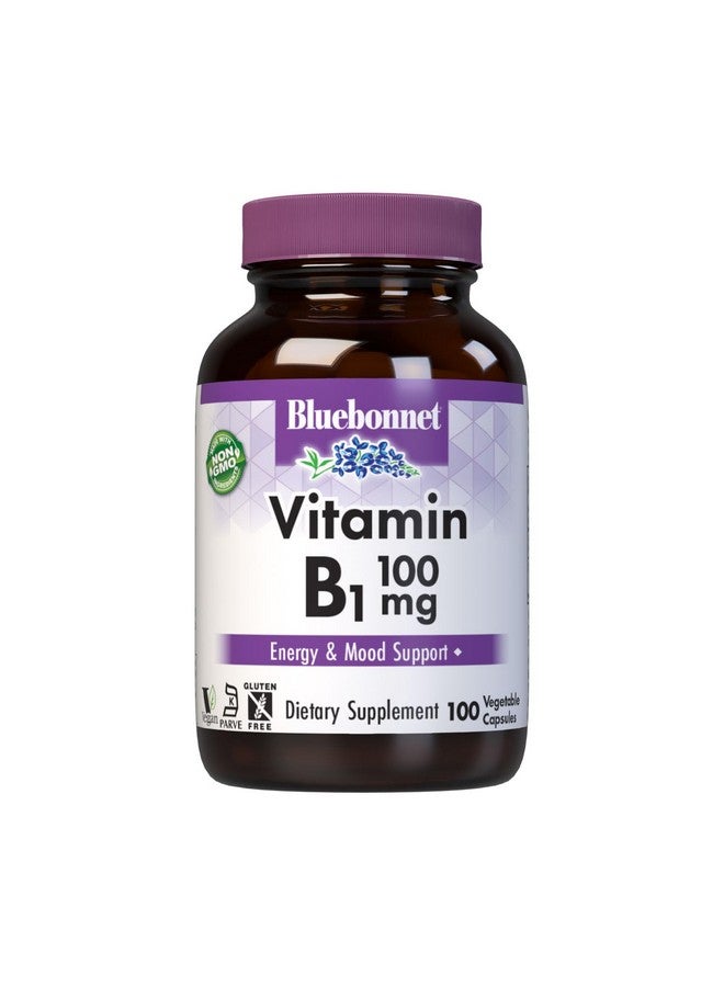 Bluebonnet Vitamin B1 100 mg - Mood Support & Energy Vitamins for Women & Men* - Thiamin HCl - Non-GMO, Vegan, Kosher, Gluten-Free - Soy & Dairy-Free - 100 Vegetable Capsules, 100 Day Supply - Image 1