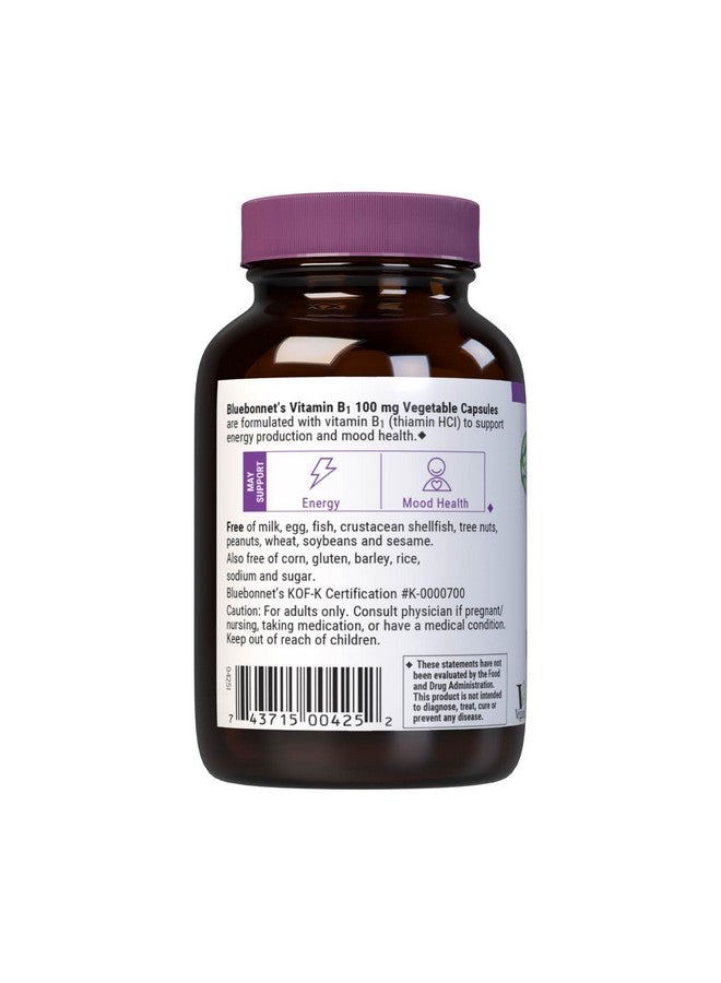 Bluebonnet Vitamin B1 100 mg - Mood Support & Energy Vitamins for Women & Men* - Thiamin HCl - Non-GMO, Vegan, Kosher, Gluten-Free - Soy & Dairy-Free - 100 Vegetable Capsules, 100 Day Supply - Image 3