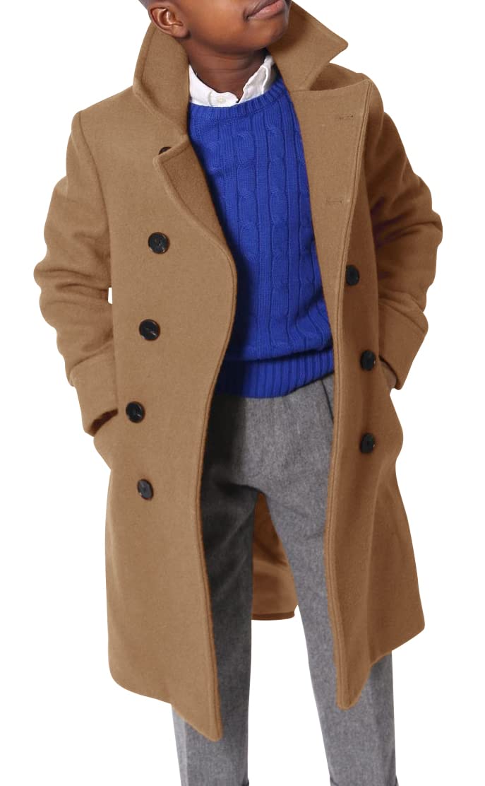Ebifin Boys Notch Lapel Double Breasted Long Trench Coat Casual Classic Peacoat - Image 1