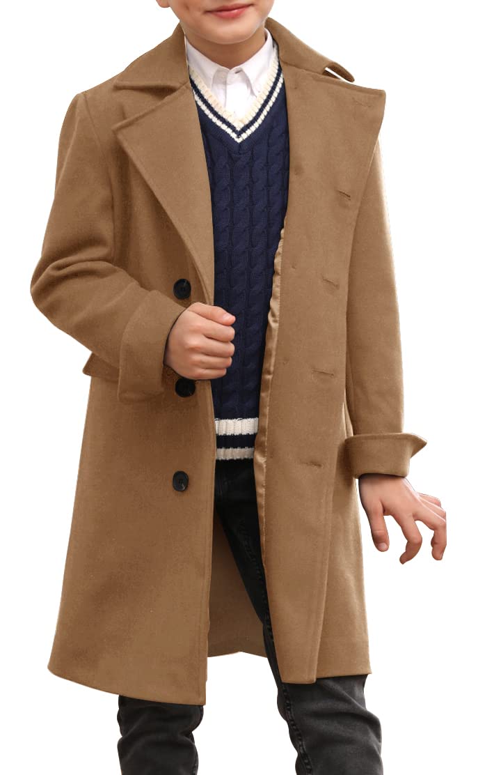 Ebifin Boys Notch Lapel Double Breasted Long Trench Coat Casual Classic Peacoat - Image 3