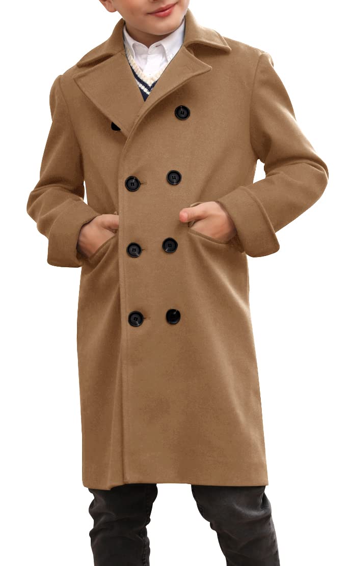 Ebifin Boys Notch Lapel Double Breasted Long Trench Coat Casual Classic Peacoat - Image 2