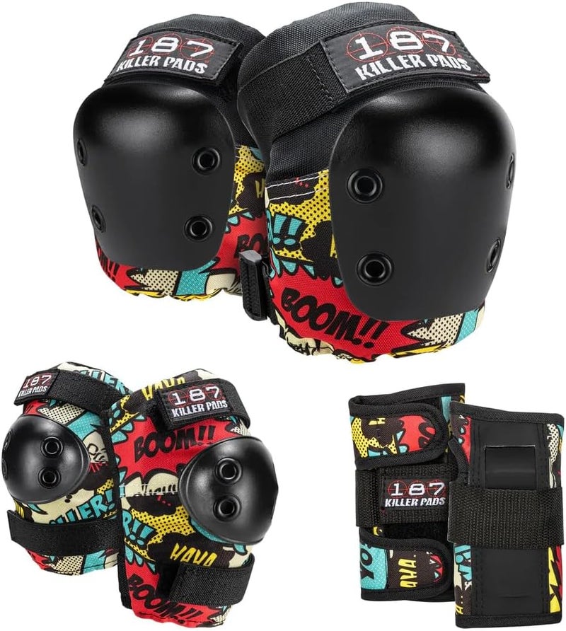 187 Killer Pads Junior Skateboarding Protective Gear Set - Knee Pads, Elbow Pads, and Wrist Guards, Comic Design - Image 1
