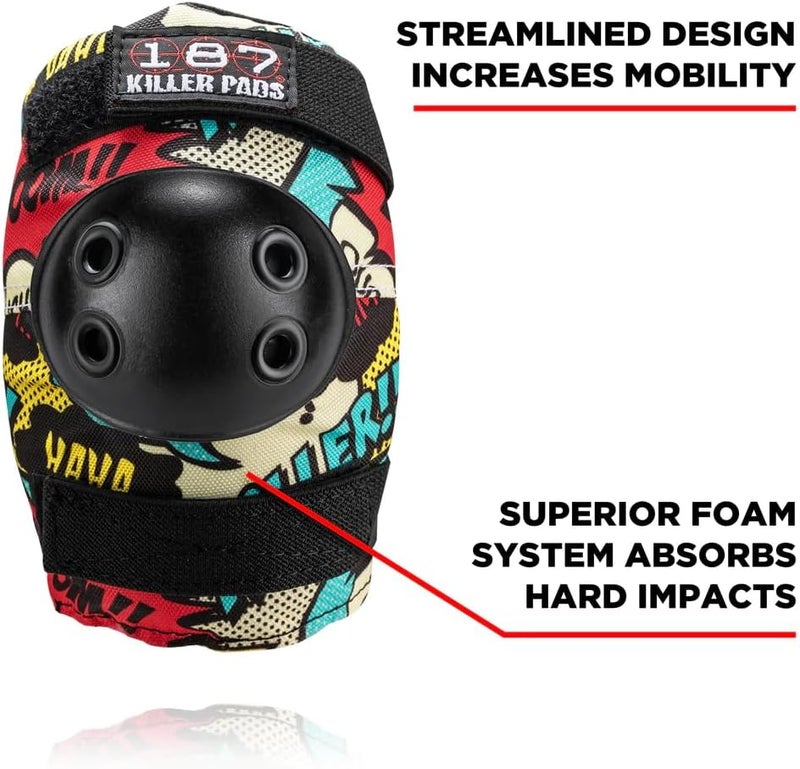 187 Killer Pads Junior Skateboarding Protective Gear Set - Knee Pads, Elbow Pads, and Wrist Guards, Comic Design - Image 3