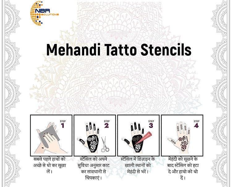 NBR Full Hand Mehndi Stencil Design Full Hand Set Pack of 3 Pair (6pcs.) | Henna Tattoo Stencil for Women, Girls and Kids | Easy to use in just 4 Steps | Mehandi Sticker - Image 4