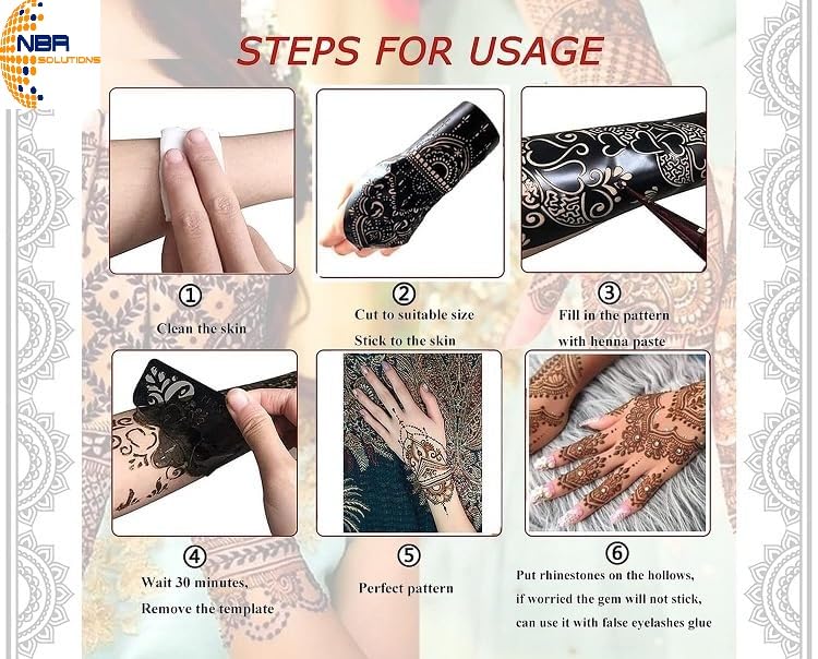 NBR Full Hand Mehndi Stencil Design Full Hand Set Pack of 3 Pair (6pcs.) | Henna Tattoo Stencil for Women, Girls and Kids | Easy to use in just 4 Steps | Mehandi Sticker - Image 3