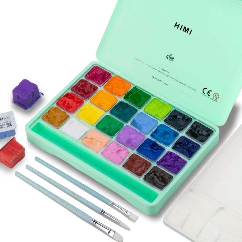 ABEIER HIMI Gouache Paint Set 24 Colors x 30ml1oz with Brushes Palette Jelly Cup Design NonToxic Perfect for Beginners Students ArtistsGreen - Image 2