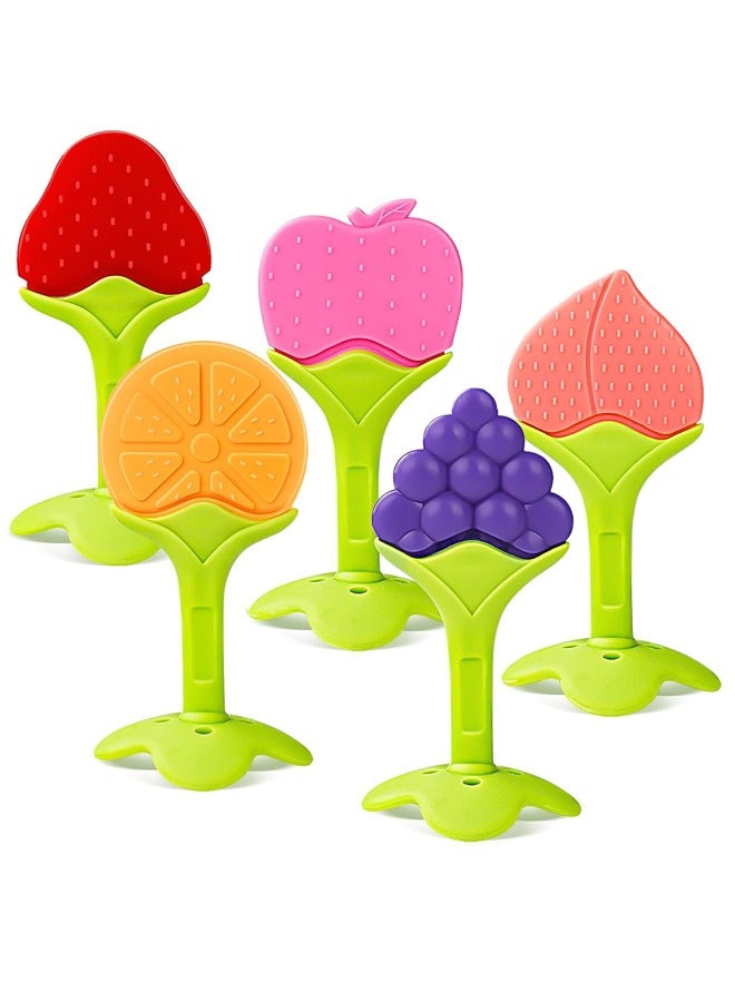 5Pcs Teething Toys for Babies, BPA-Free Silicone Baby Teethers, Fruit Shape Baby Chew Toys with Natural Organic Soft & Textured for 3 months+ Orange Grape Apple Strawberry Peache - Image 1