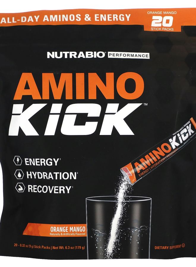 NutraBio Amino Kick Orange Mango 20 Stick Packs 0.32 oz (9 g) Each