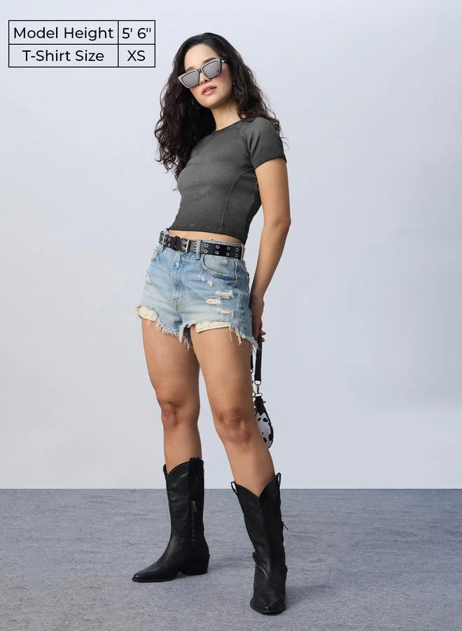 The Souled Store  Grey Ribbed Acid Wash Crop T-Shirt for Women | Best Price UAE