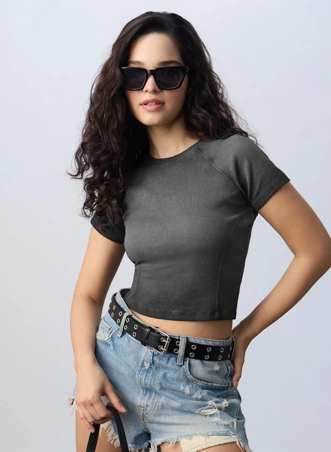 The Souled Store Grey Ribbed Acid Wash Crop T-Shirt