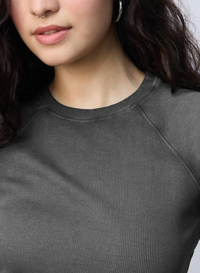 The Souled Store  Grey Ribbed Acid Wash Crop T-Shirt for Women | Best Price UAE