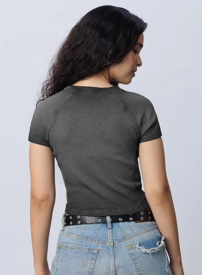 The Souled Store  Grey Ribbed Acid Wash Crop T-Shirt for Women | Best Price UAE