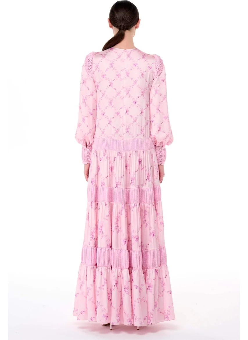 ميها Satin Gathered Stripe Detail Dress Pink