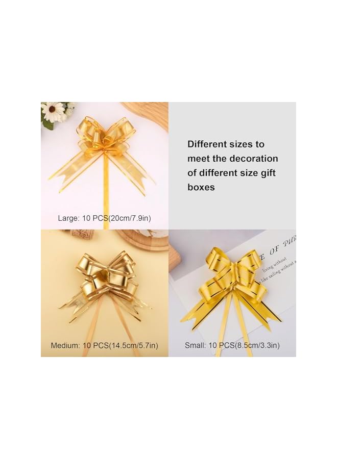 The Bros 30 قطعة من الأقواس المسبقة الحلزونية 3 أحجام (7.9/5.7/3.3 بوصة) شريط ذهبي لسلال الهدايا، ديكور الزفاف، هدايا الحفلات، صنع السلال - خالية من التشابك وقابلة لإعادة الاستخدام - Image 5