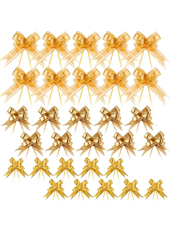 The Bros 30 قطعة من الأقواس المسبقة الحلزونية 3 أحجام (7.9/5.7/3.3 بوصة) شريط ذهبي لسلال الهدايا، ديكور الزفاف، هدايا الحفلات، صنع السلال - خالية من التشابك وقابلة لإعادة الاستخدام - Image 1