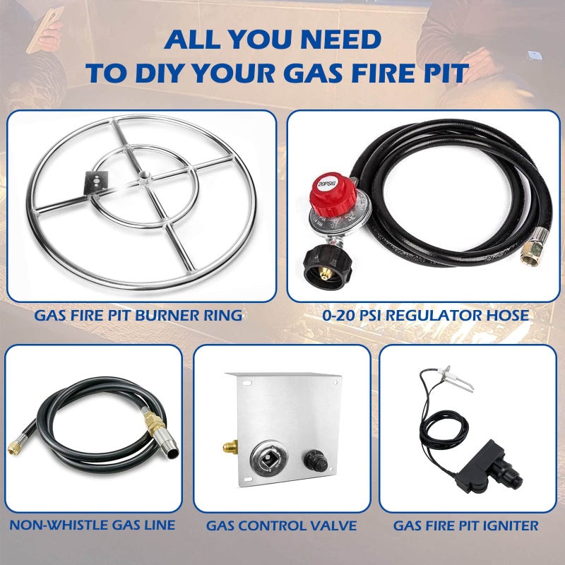 GRISUN Fire Pit Burner Ring Kit 18 Inch, Propane Firepit Kit, Come with Propane Fire Pit Hose Kit and Upgraded Gas Control Spark Ignition Kit, DIY Round Gas Fire Pit Kit, Stainless Steel - Image 2