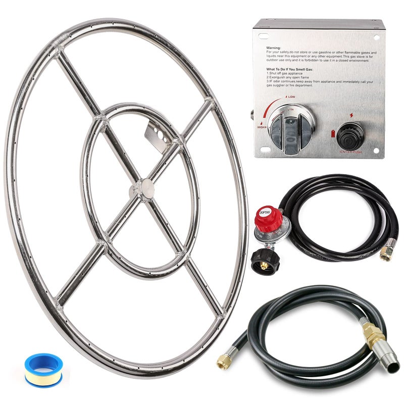 GRISUN Fire Pit Burner Ring Kit 18 Inch, Propane Firepit Kit, Come with Propane Fire Pit Hose Kit and Upgraded Gas Control Spark Ignition Kit, DIY Round Gas Fire Pit Kit, Stainless Steel - Image 1