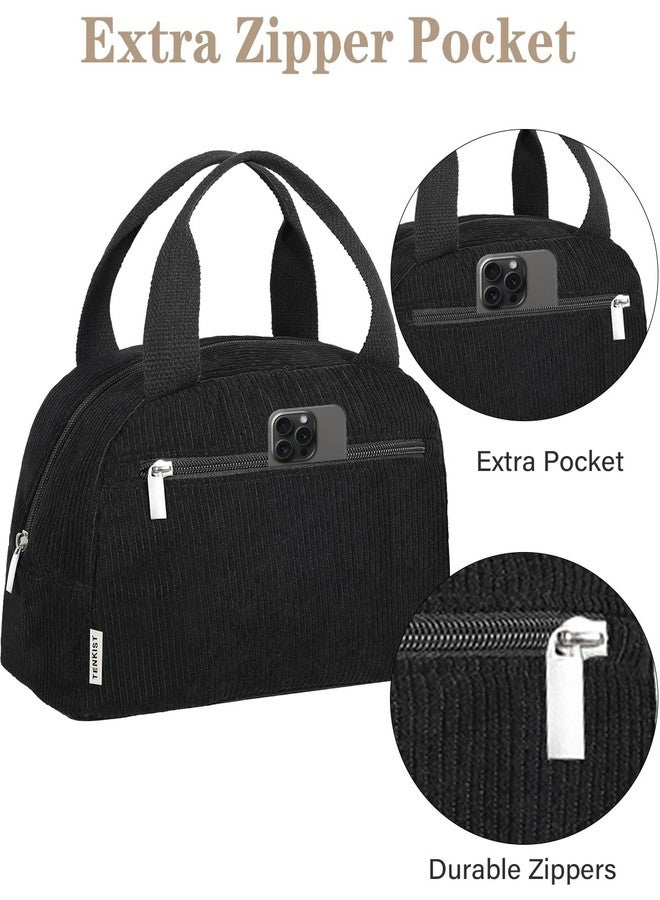 TENKIST Cute Lunch Box Tote Bag - Corduroy Insulated Cooler Bags for Women - Lightweight Reusable Portable Soft Lunch Pail Kit for Kids Teen Girl Adults Work School Picnic Travel Black 8L - Image 2