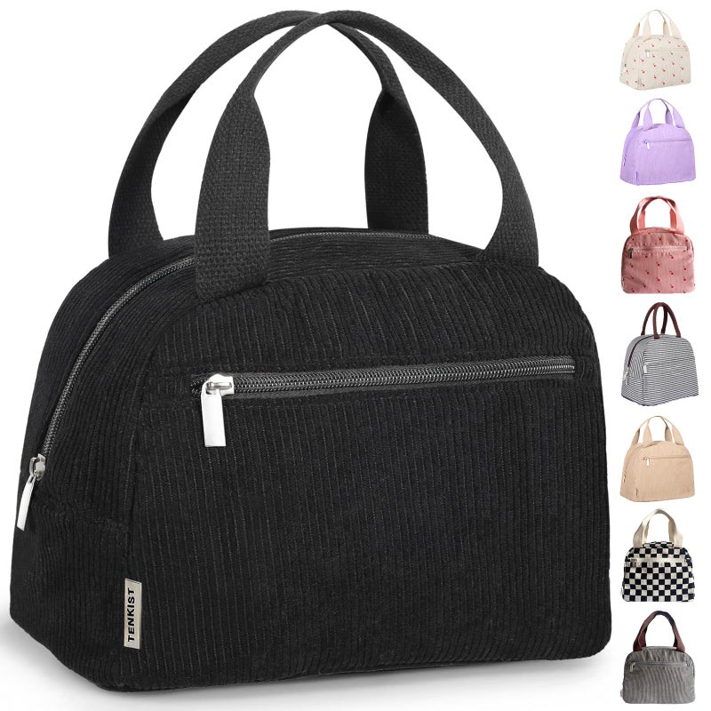 TENKIST Cute Lunch Box Tote Bag - Corduroy Insulated Cooler Bags for Women - Lightweight Reusable Portable Soft Lunch Pail Kit for Kids Teen Girl Adults Work School Picnic Travel Black 8L - Image 1