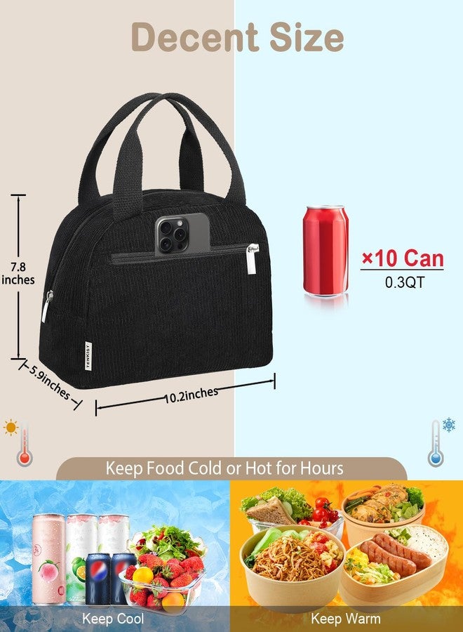 TENKIST Cute Lunch Box Tote Bag - Corduroy Insulated Cooler Bags for Women - Lightweight Reusable Portable Soft Lunch Pail Kit for Kids Teen Girl Adults Work School Picnic Travel Black 8L - Image 5