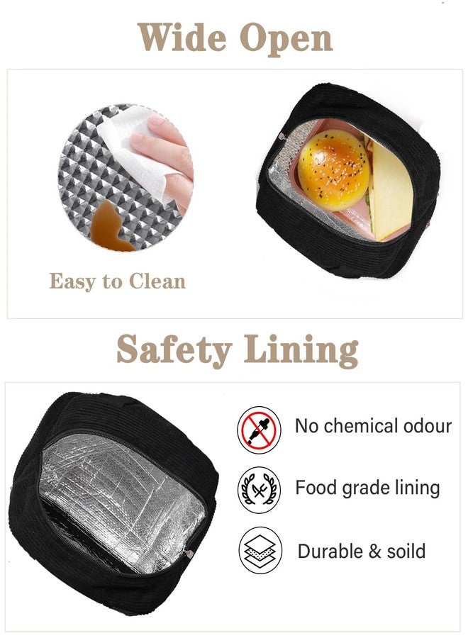 TENKIST Cute Lunch Box Tote Bag - Corduroy Insulated Cooler Bags for Women - Lightweight Reusable Portable Soft Lunch Pail Kit for Kids Teen Girl Adults Work School Picnic Travel Black 8L - Image 4
